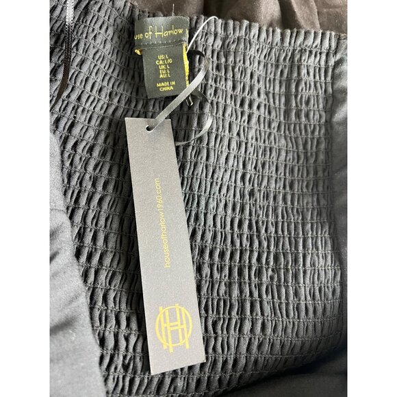 House Of Harlow Black Halter Smocked Linen Blend Bubble Hem Mini Dress Large - Picture 6 of 14